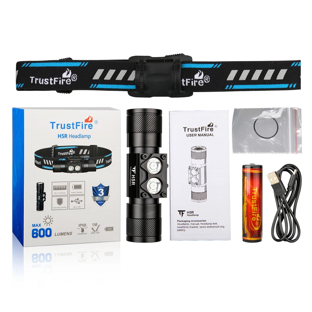 TrustFire H5R 600LM Rechargeable Waterproof Headlamp Dual Light LED Torch IP68 Running Camping Hiking Cycling Fishing Hunting Outdoor Emergency Work Light Headlight