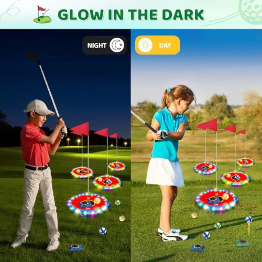 Light Up LED Backyard Golf Play Set Upgrade With 6 Targets 2 Clubs 18 Balls For Family Fun Night Golf