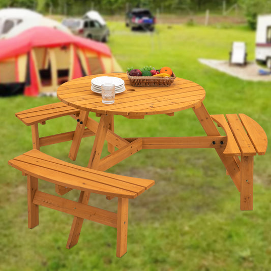 Solid Wood Round Picnic Table Set With Three Outdoor Benches