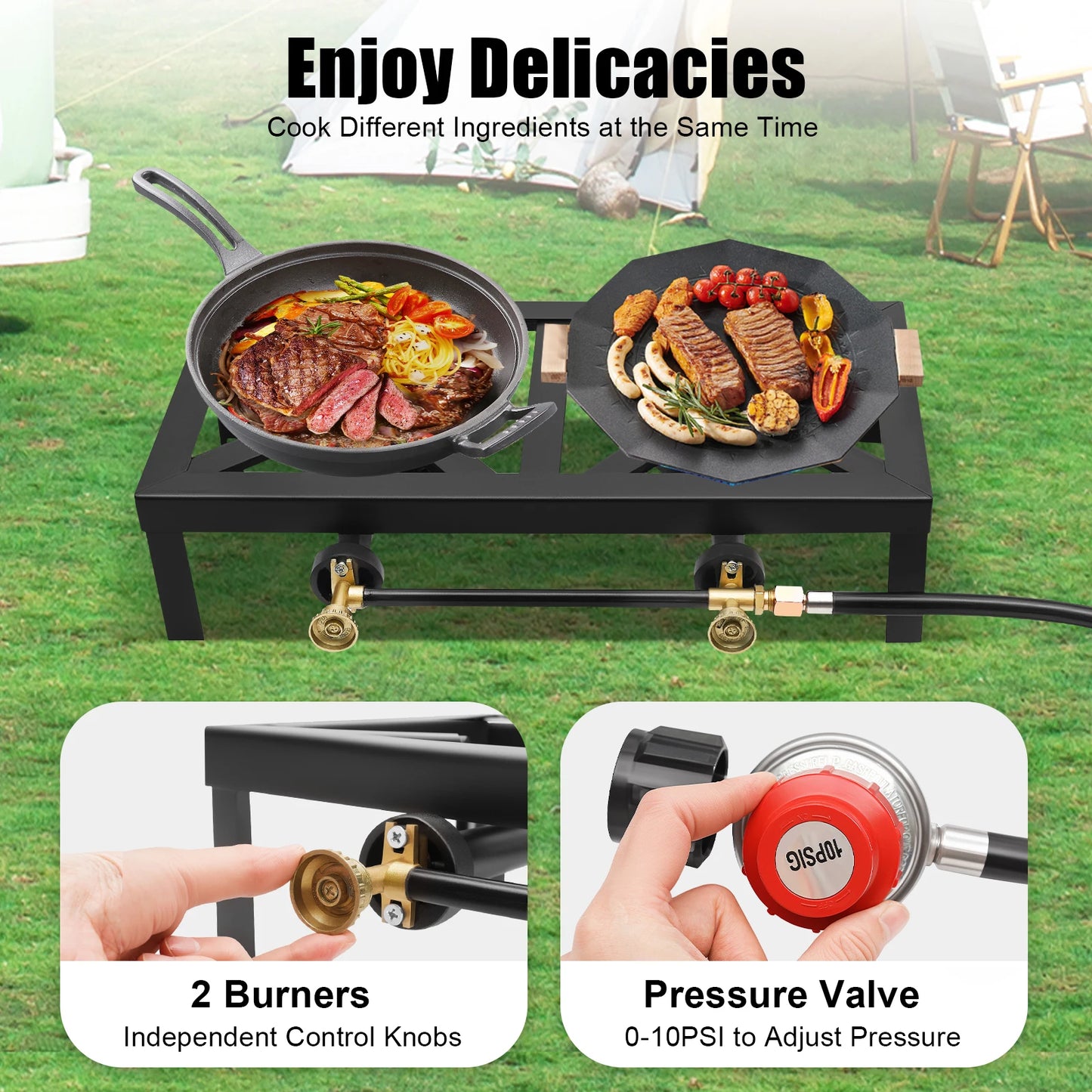 Portable Gas Stove Double Burner With Regulator Hose 0-10 PSI