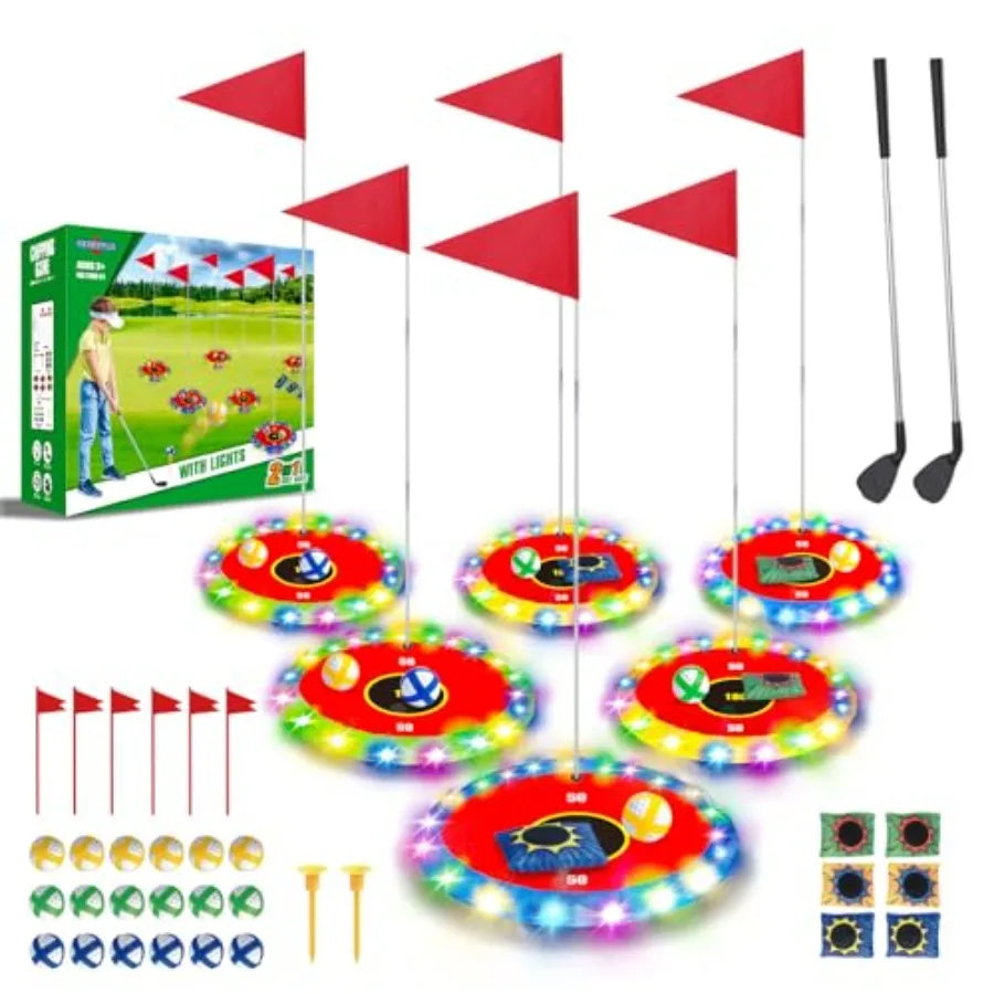 Light Up LED Backyard Golf Play Set Upgrade With 6 Targets 2 Clubs 18 Balls For Family Fun Night Golf