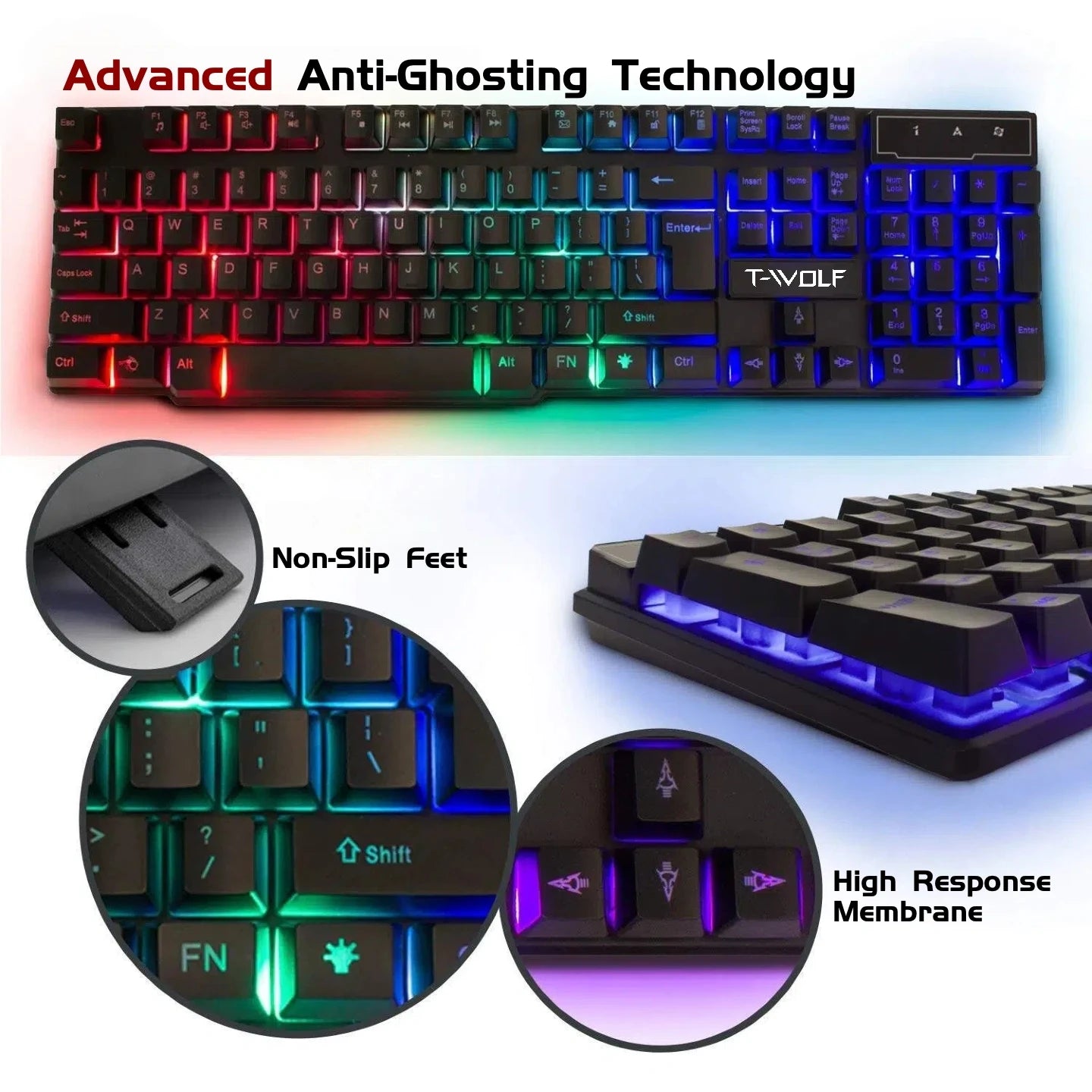 T-WOLF RGB Gaming Keyboard Mouse Headset Mousepad 4 In 1