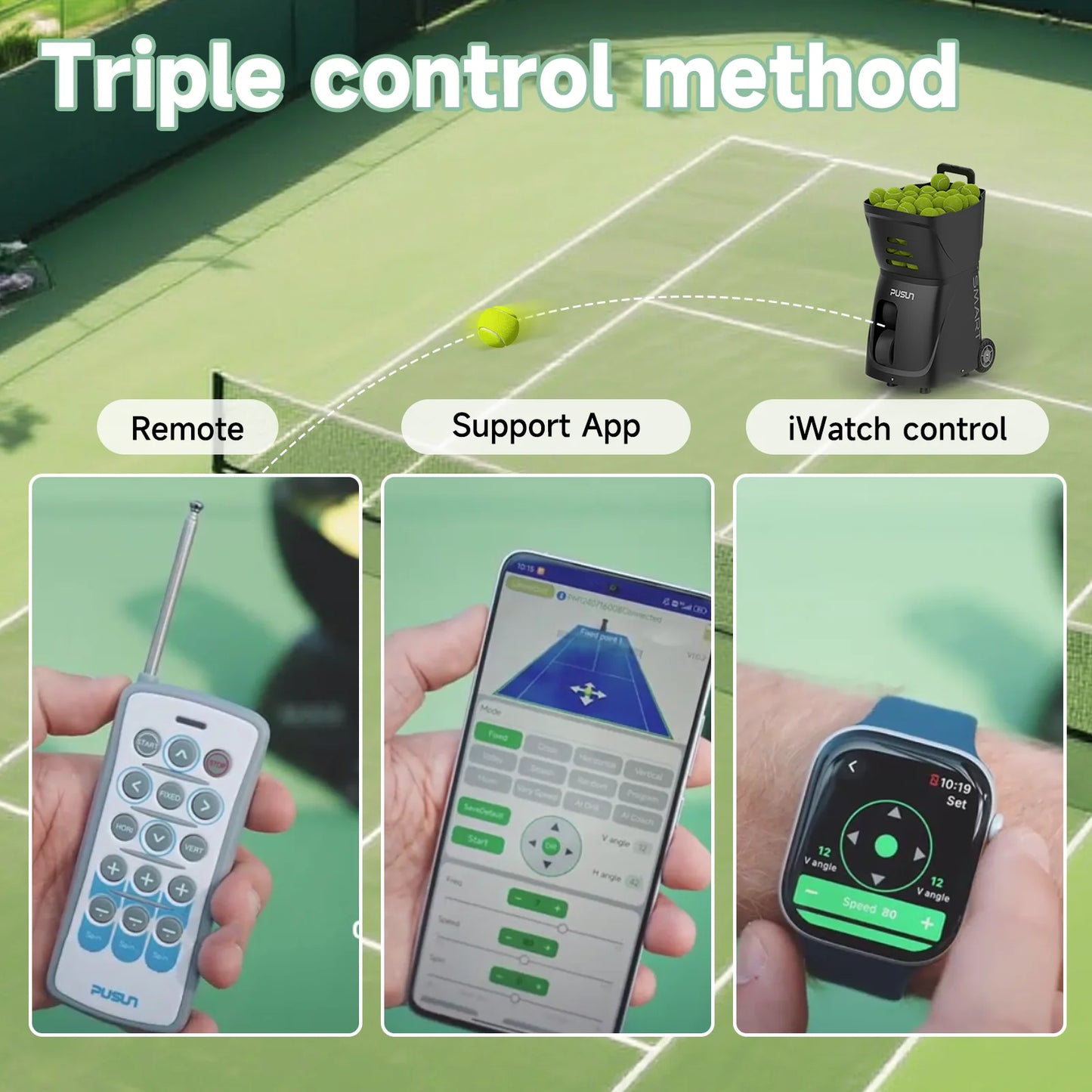 PUSUN Tennis Ball Machine PT Smart Launcher For All Levels 100 Ball Capacity 4-6 Hour Battery Life Adjustable Elevation