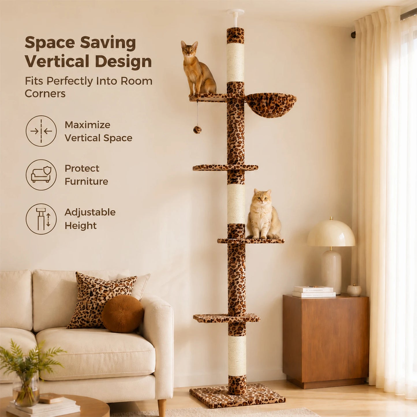 Floor to Ceiling Cat Tree with Sisal Scratching Posts Cozy Hammock Dangling Ball Adjustable Height Leopard Cat Tower for Indoor Cat Toys
