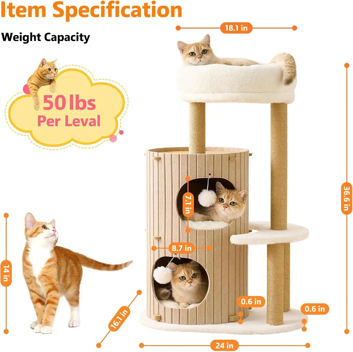 Modern Cat Tree for Indoor Small & Medium Cats, 36" Cat Tower with Scratching Posts, 2 Cozy Cat Caves, Top Perch, Dangling Balls, Washable Cushions, Space-Saving Cat Condo, Brown