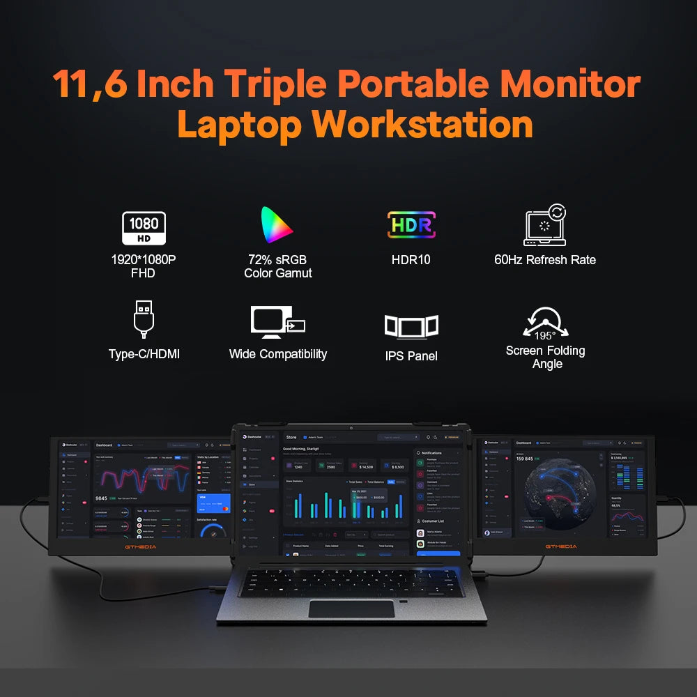 ECAMD Portable Monitor IPS 1920x1080 With USB Built-In Speaker