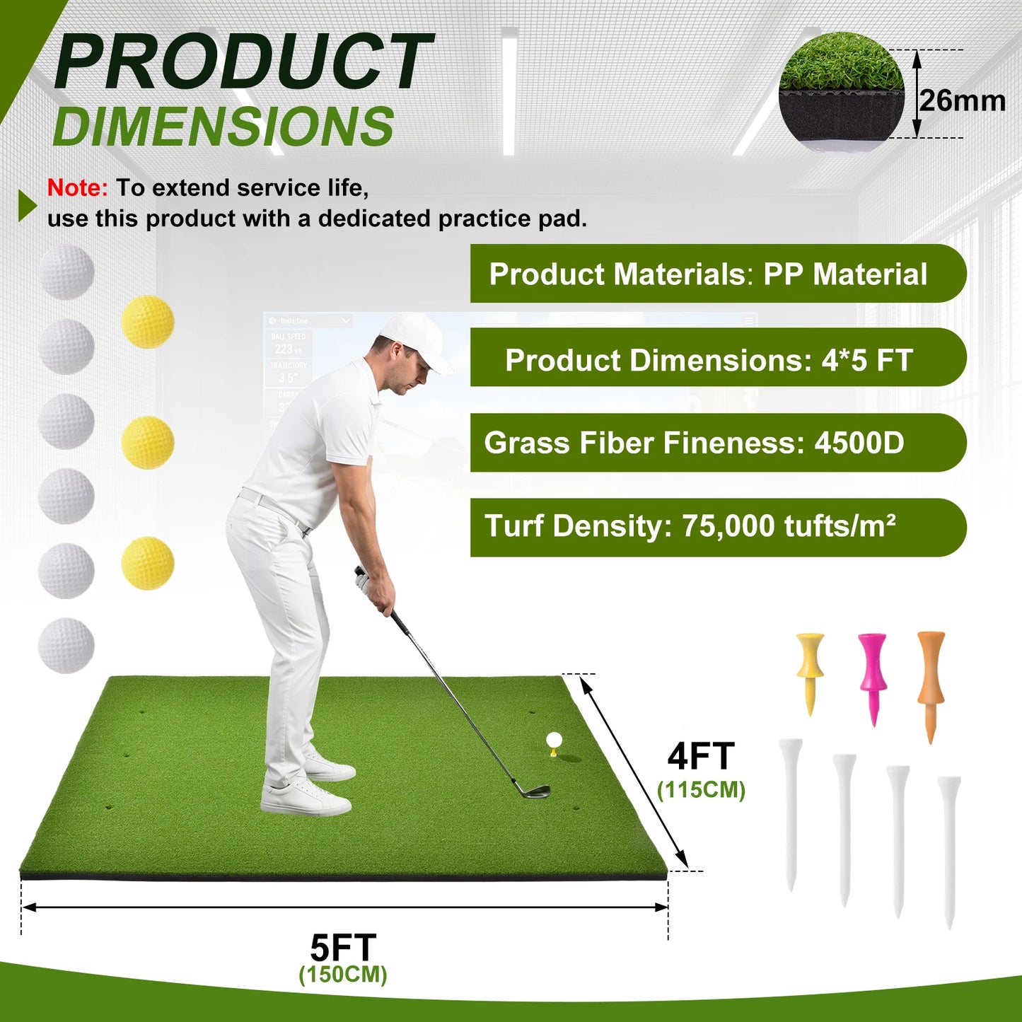 Golf Hitting Practice Mat With Artificial Turf Training Surface