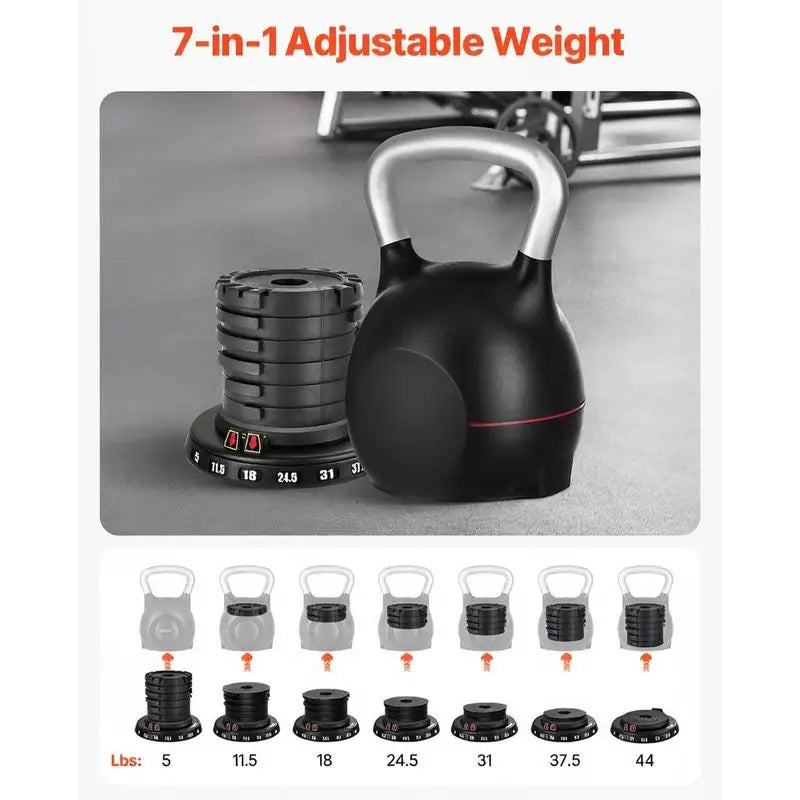 Kettlebell, Adjustable Kettlebell with 7 Weight Levels (5, 11.5, 18, 24.5, 31, 37.5, 44 lbs), Die-Cast Aluminum and ABS Material, for Grip Strength Training, Full-body Workout & Cross-Training