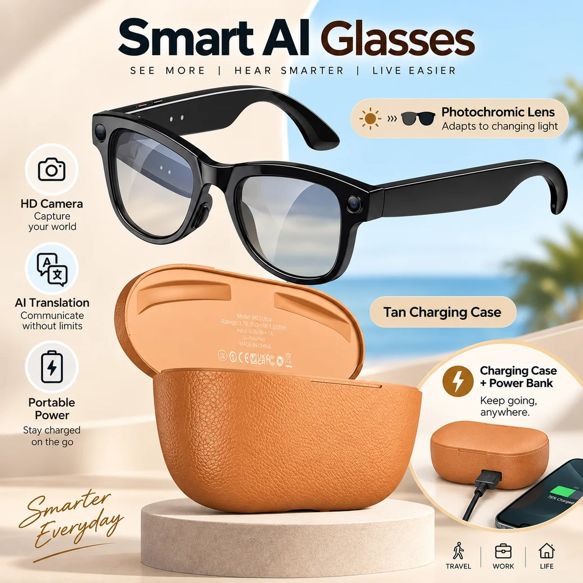 Smart AI Glasses With 1080P Camera Bluetooth Translation And Music