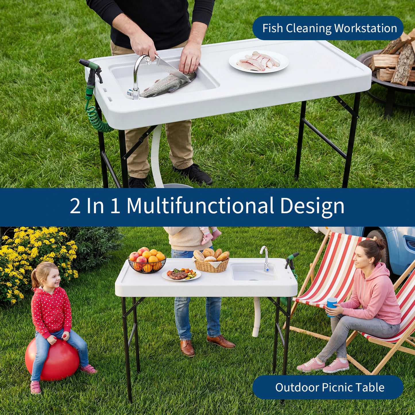 Folding Fish Cleaning Table with Sink, Portable Camping Sink Station with Faucet, Drainage Hose, Sprayer, Outdoor Fillet Table for Picnic Beach Patio