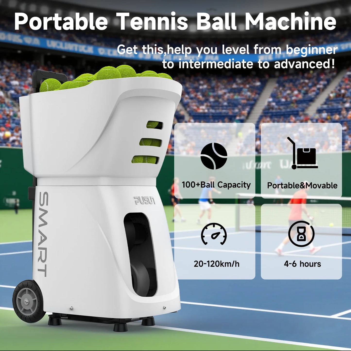 PUSUN Tennis Ball Machine PT Smart Launcher For All Levels 100 Ball Capacity 4-6 Hour Battery Life Adjustable Elevation