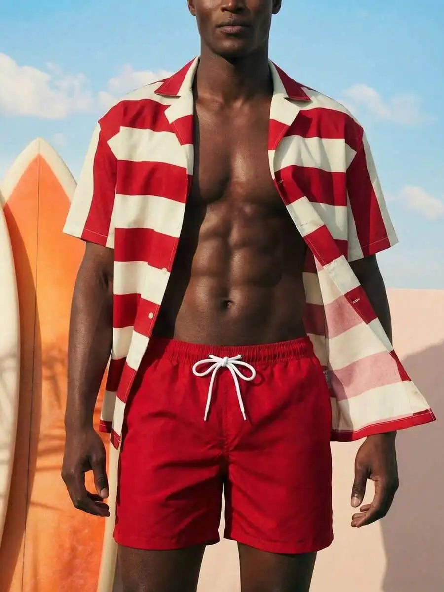 Mens Red And White Striped Short Sleeve Shirt And Solid Red Swim Shorts Two Piece Beach Resort Outfit